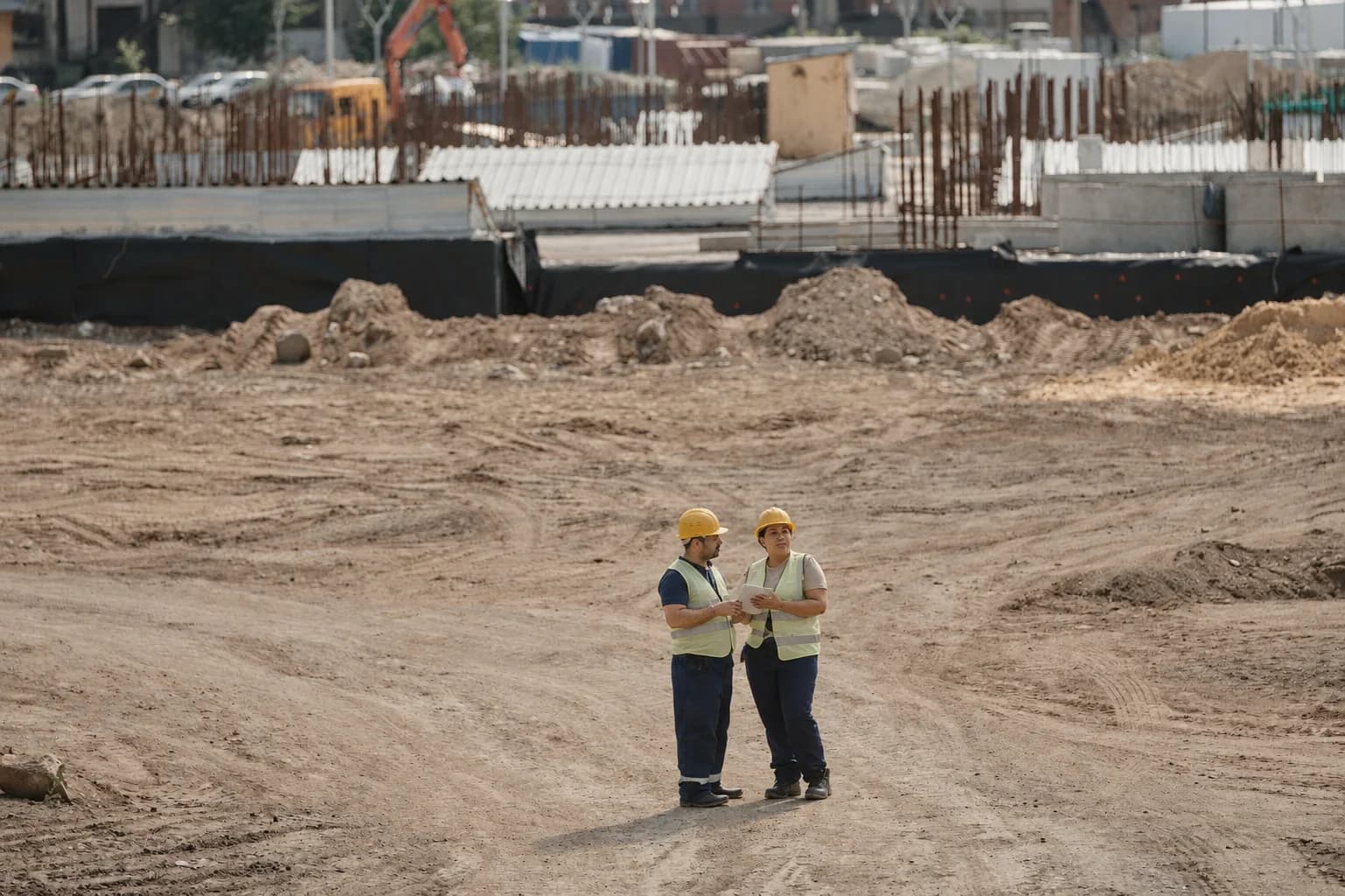 Two site managers reviewing a tablet on a construction site