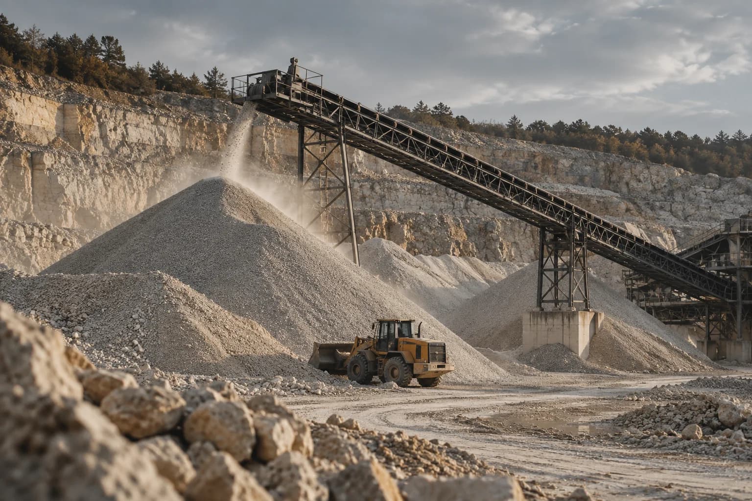 A conveyor feeds aggregate stockpiles in a limestone quarry.