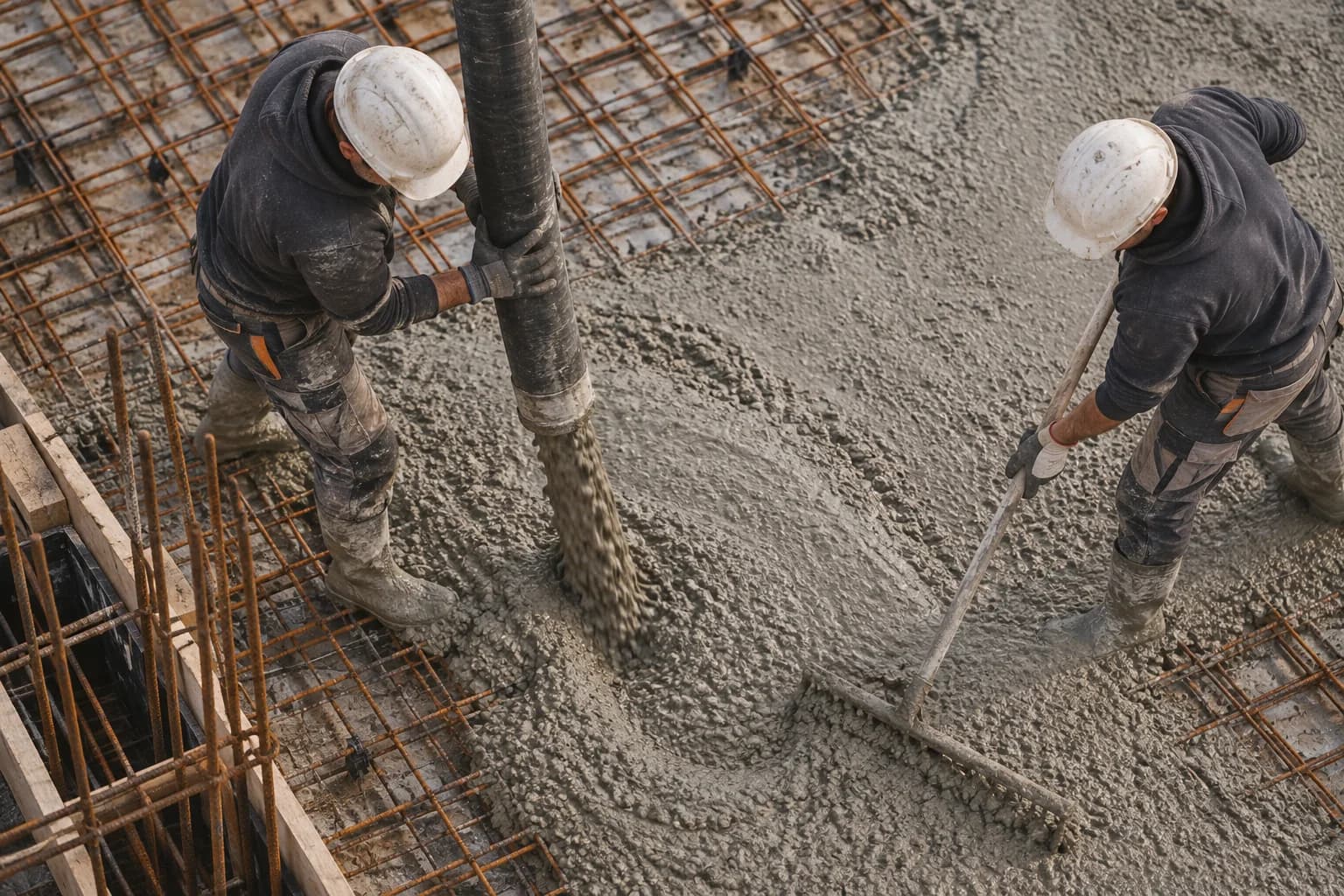 Two workers pour and spread concrete on a reinforced slab, seen from above.