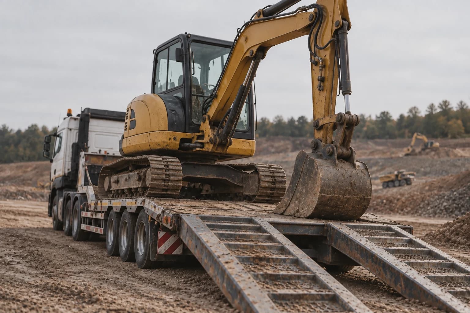 An excavator on its delivery trailer at an earthworks site.