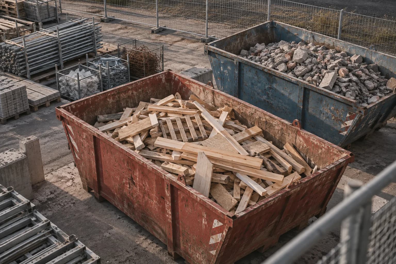 Separate skips for timber and rubble in a construction waste sorting area.