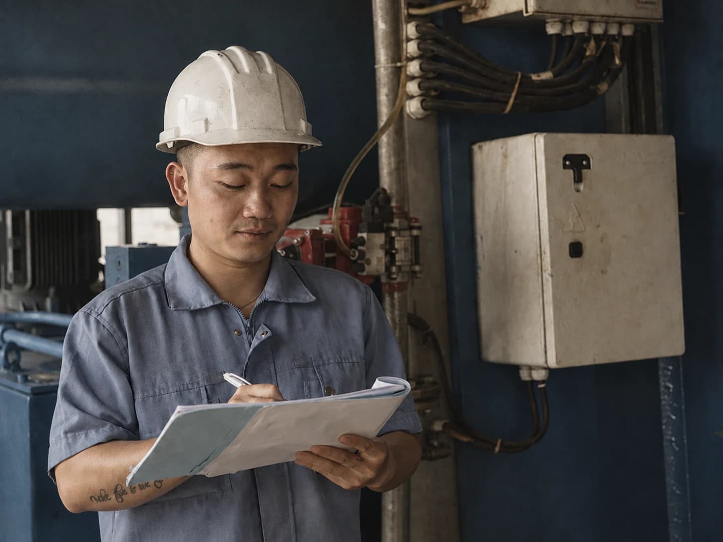 Technician in a building management plant room