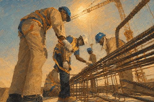 Des compagnons ferraillent une dalle sur un chantier, grues en arrière-plan.